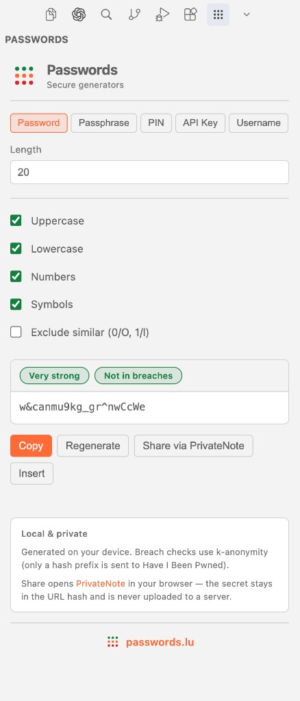 Passwords VS Code-Seitenpanel mit Generator, Stärke- und Leak-Badges sowie Kopieraktionen